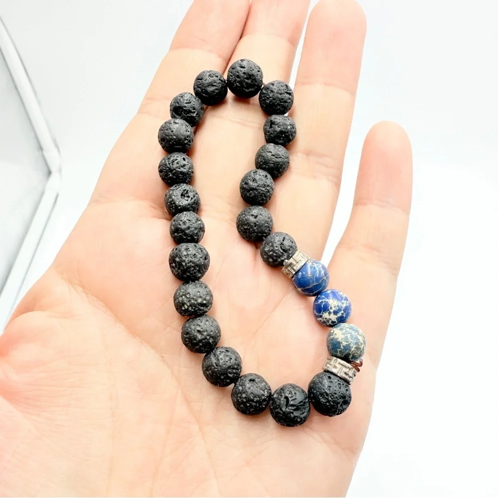 Blue Aqua Terra Jasper Black Lava Black and Blue Beaded Bracelet - Picture 1 of 10